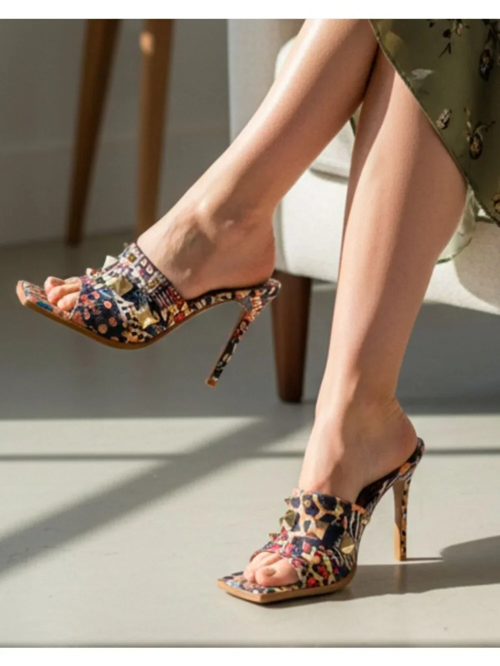 Cape Robbin Gold Studded Multicolor Printed High Heel Mules With Open Toe Womens - Picture 3 of 14